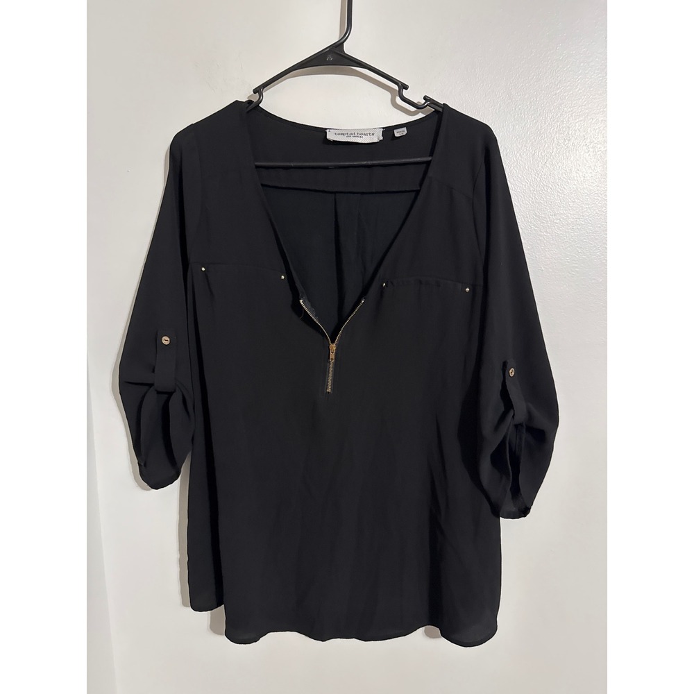 Tempted Hearts Black Roll Tab Sleeve Zip V-Neck Blouse Top Plus Size 1X